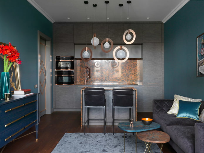 Küche-Wohnzimmer-Interieur in dunklen Tönen