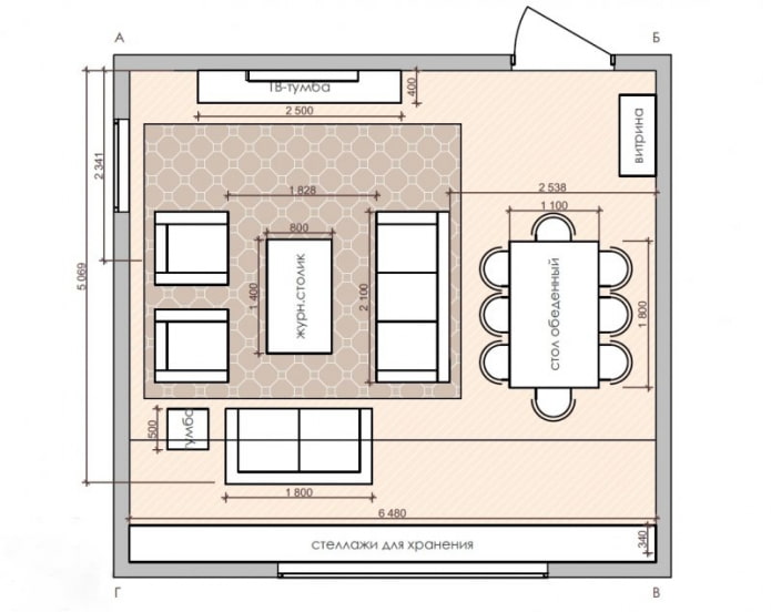Grundriss einer quadratischen Wohnküche