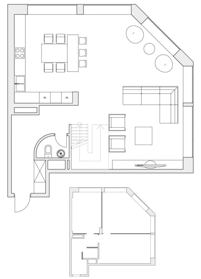Küchen-Wohnzimmerplan mit einem nicht standardmäßigen Layout