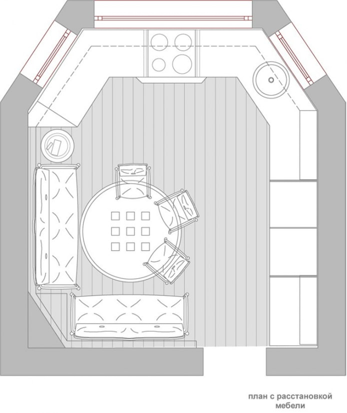 Küchen-Wohnzimmerplan mit einem nicht standardmäßigen Layout