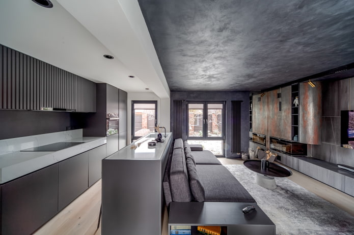 Küche-Wohnzimmer-Interieur in dunklen Tönen