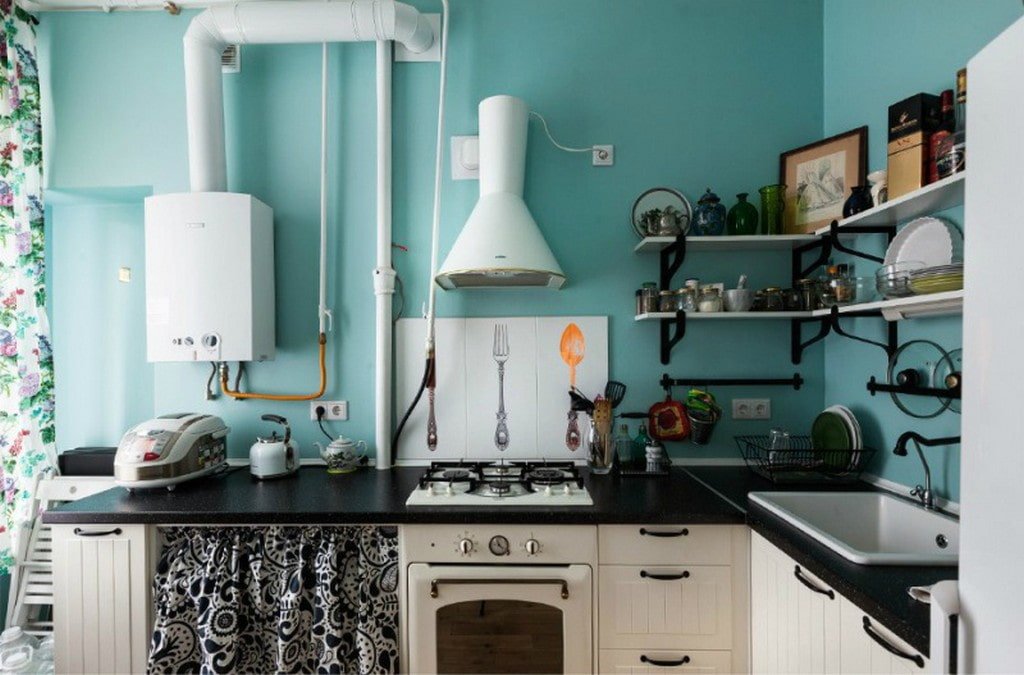 Küche in einer Chruschtschowka mit einem Gaswarmwasserbereiter: Platzierungsmöglichkeiten, 37 Fotos