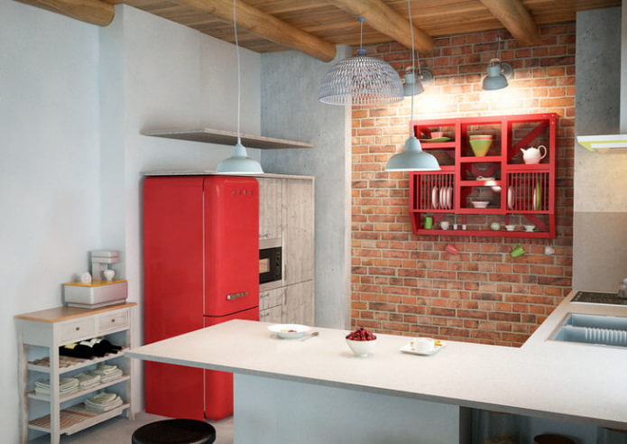 weiß-rote Küche im Loft-Stil