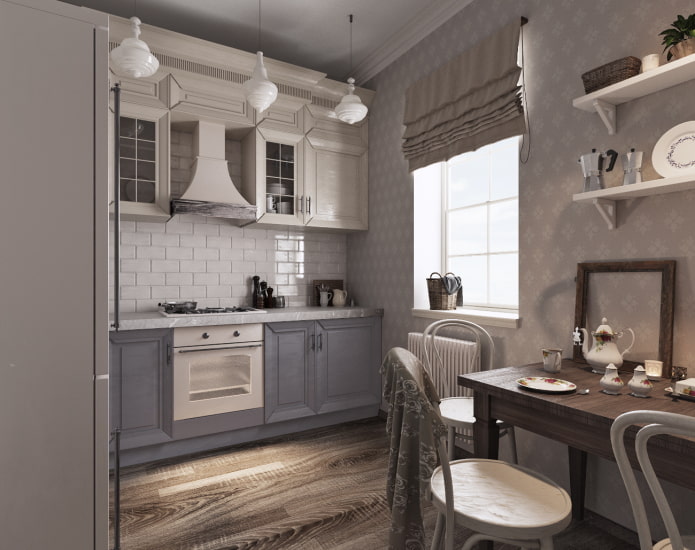 Provence-Stil im Interieur einer grauen Küche