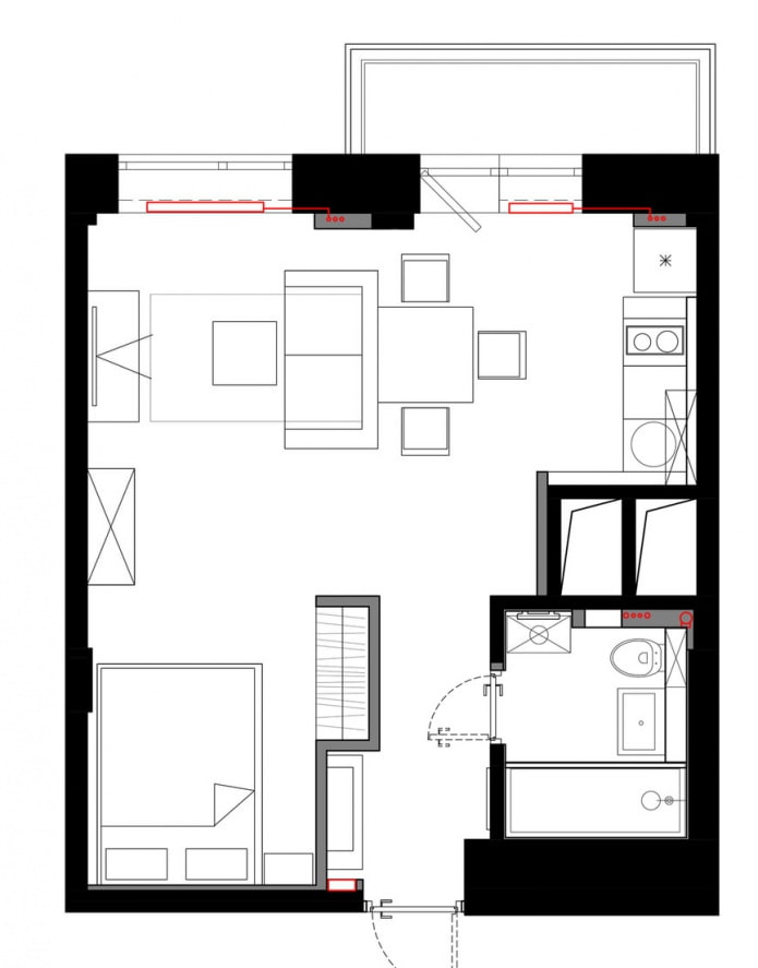 Grundriss eines Studio-Apartments mit 33 m².