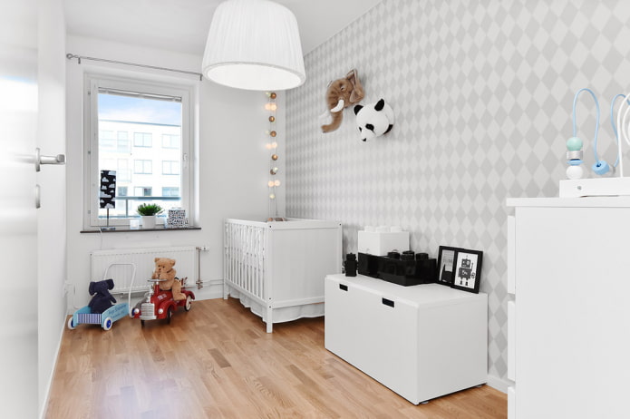 Linoleum auf dem Boden im Interieur im skandinavischen Stil