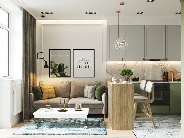 kleines Wohnzimmer mit Küche