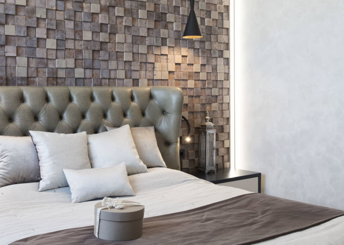 Holzmosaikfliesen im Schlafzimmer