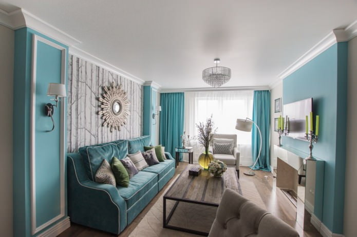 Blaue Farbe im Wohnzimmer mit Kamin