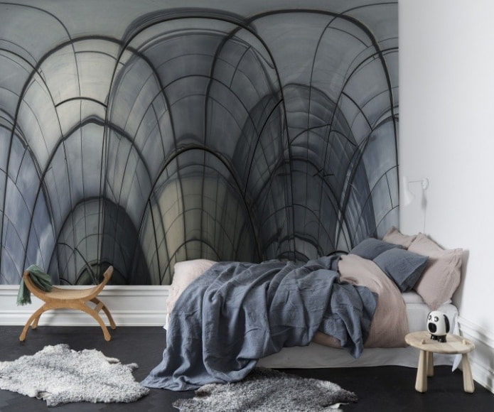 kleines Schlafzimmer mit minimalistischem Design und Veredelung mit 3D-Tapete