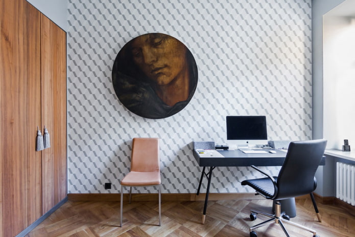 Büro im modernen Stil mit Tapete an den Wänden