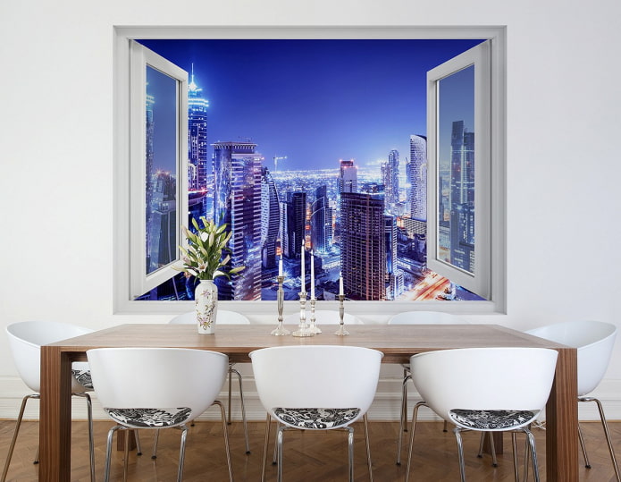 Fototapete mit Blick auf die Stadt aus dem Fenster im Esszimmer