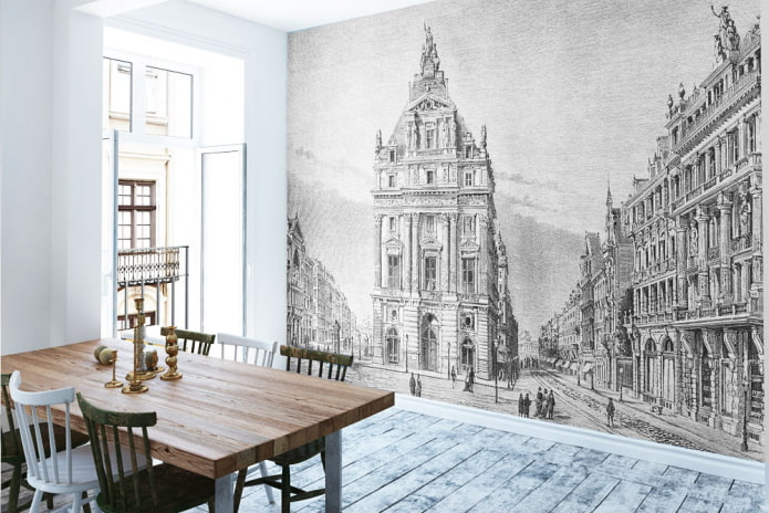 Tapete mit dem Bild einer antiken Stadt im Kücheninterieur