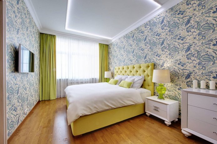 Schlafzimmer in Blau und Gelb