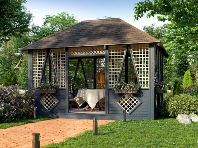 Zweifarbiger Pavillon aus Latten und Brettern