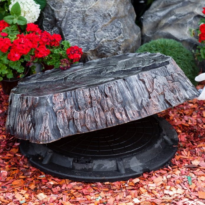 Klärgrubendekor mit Kunstbaumstumpf und Blumen