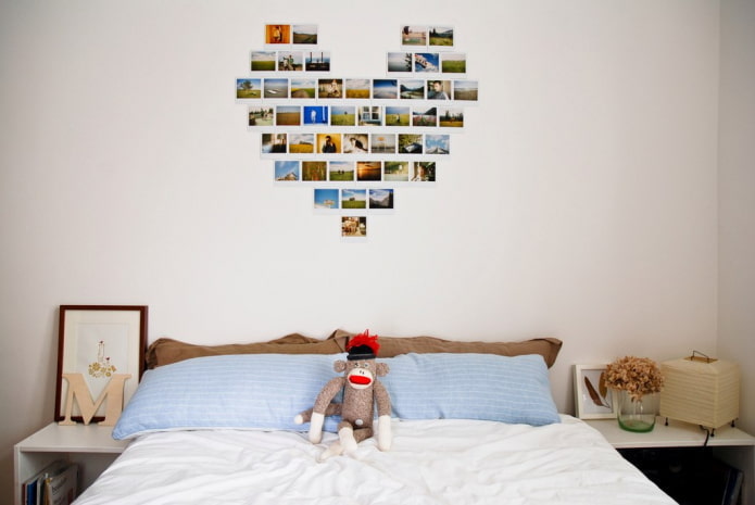 Fotos in Form eines Herzens an der Wand im Innenraum