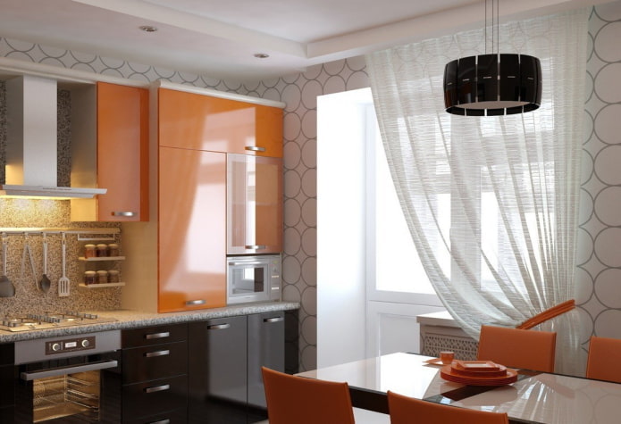Tapete im Kücheninterieur in Orangetönen