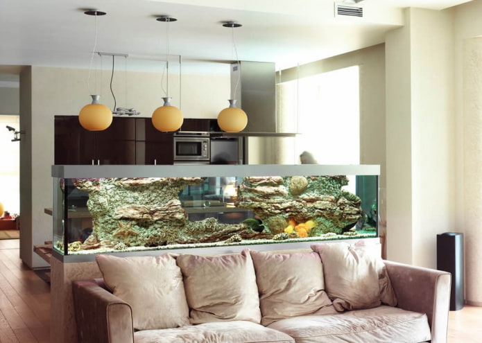 Trennwand mit Aquarium im Innenraum der Wohnküche