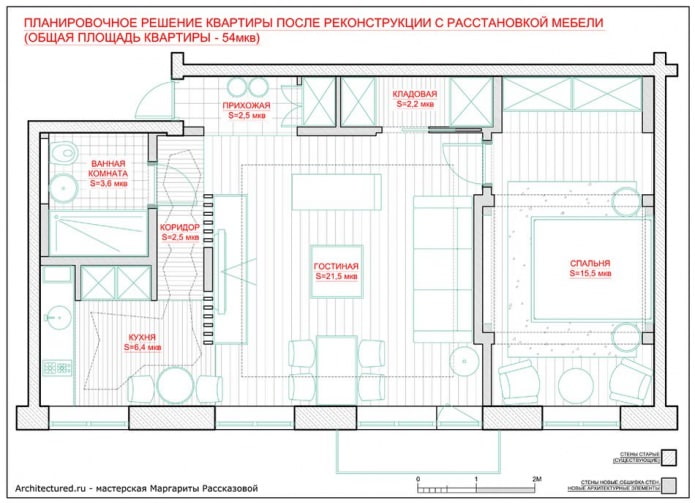 Grundriss der 54 m² großen Wohnung.