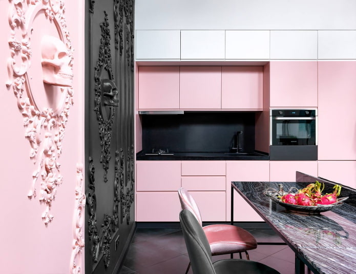 Schwarz-rosa einreihige Küche