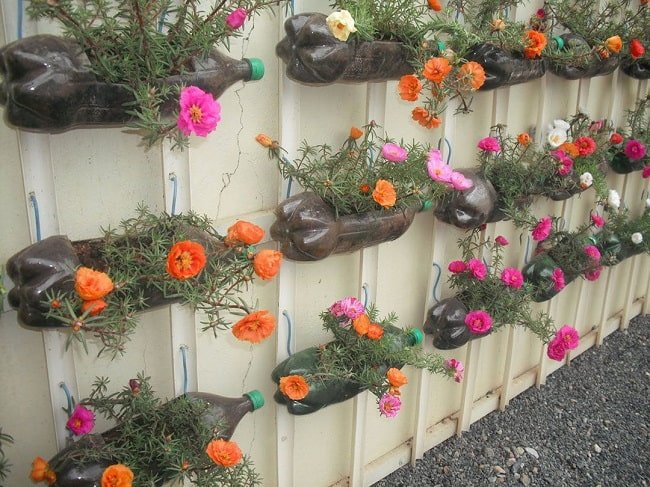 Blumenbeete aus Flaschen auf einem Zaun
