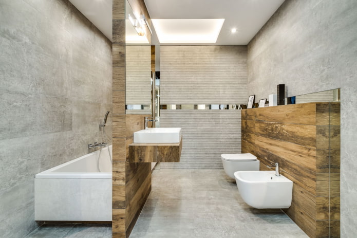 Kombination von Holzfliesen mit Beton im Badezimmer