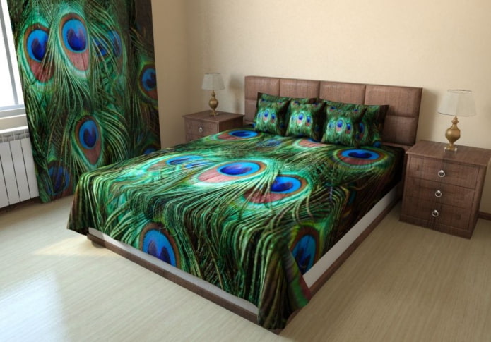 Bett mit einer Tagesdecke mit Fotodruck im Schlafzimmer