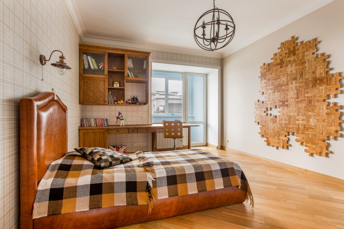 Bett mit einer karierten Tagesdecke im Schlafzimmer