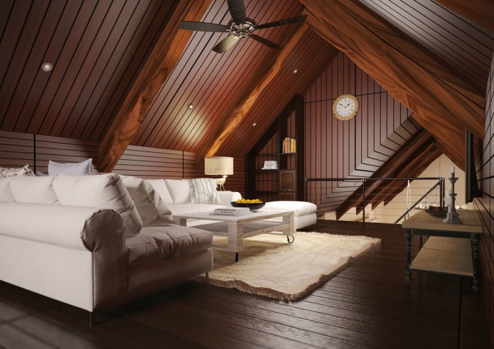 Holzdeckenkonstruktion im Wohnzimmer im Dachgeschoss