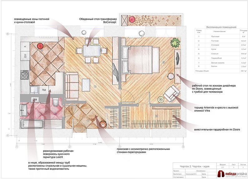 Projekt einer Zweizimmerwohnung mit 57 m².