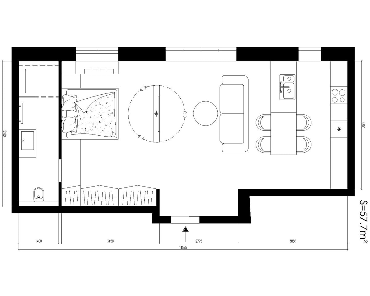 Grundriss eines 57 m² großen Grundstücks. Studio