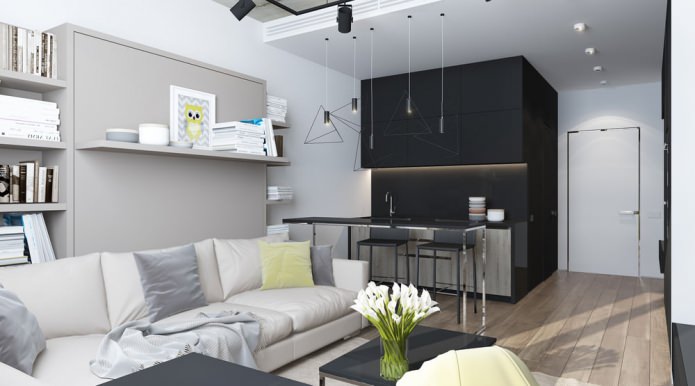 Modernes Design eines Wohnzimmers mit kombinierter Küche in einem Studio-Apartment