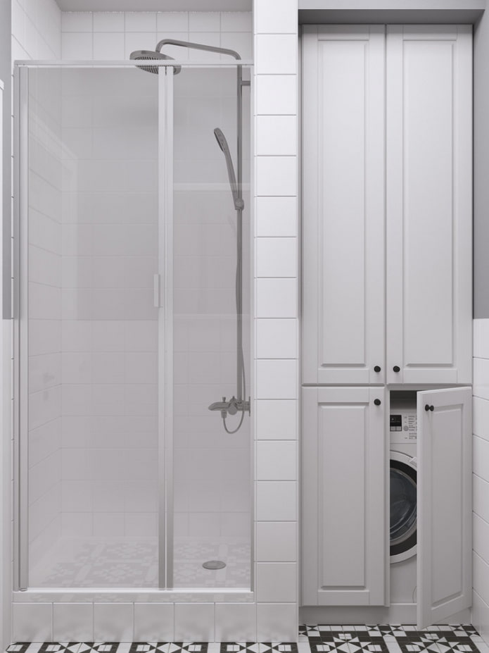 Dusche und Waschmaschinenschrank