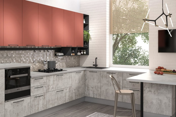 Kücheninterieur in Grau- und Rosatönen