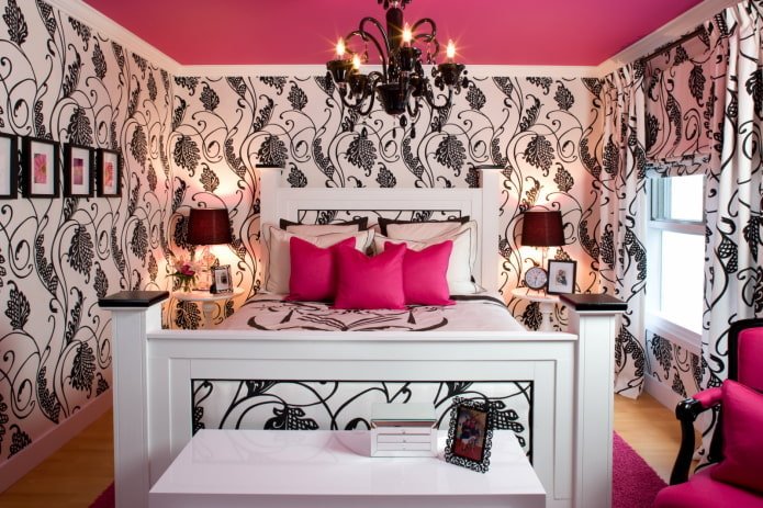 Schwarz-rosa Schlafzimmer-Interieur