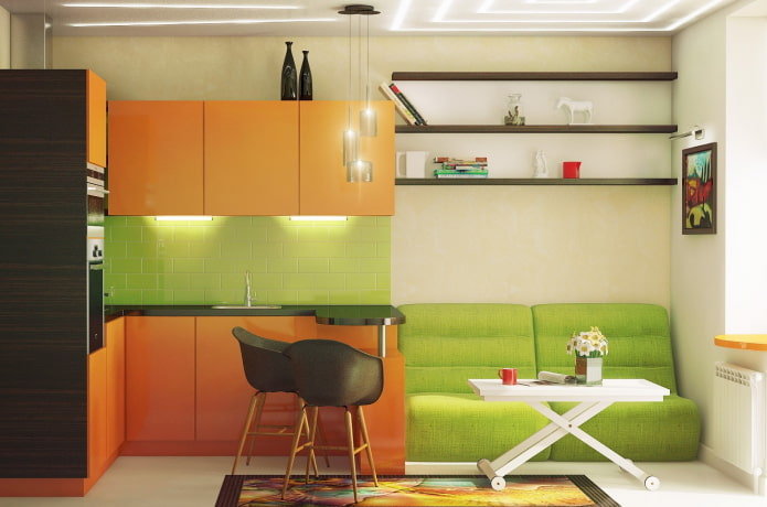 Kücheninterieur in Orange-Salat-Tönen