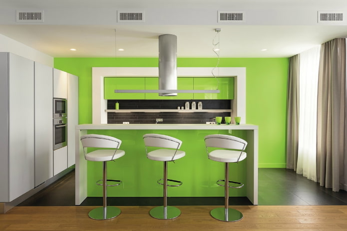 Möbel und Geräte im Kücheninterieur in hellen Grüntönen