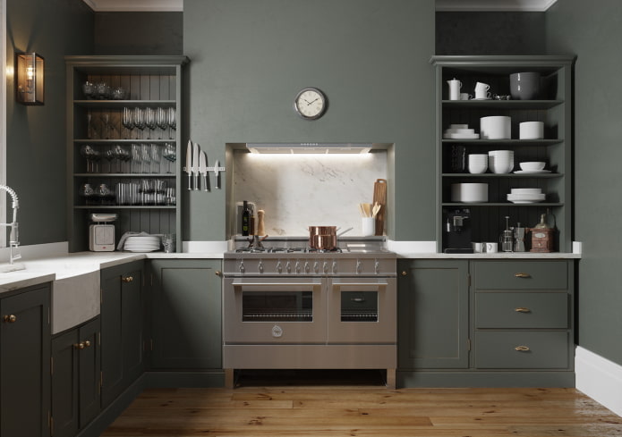 Kücheninterieur in dunklen Grautönen