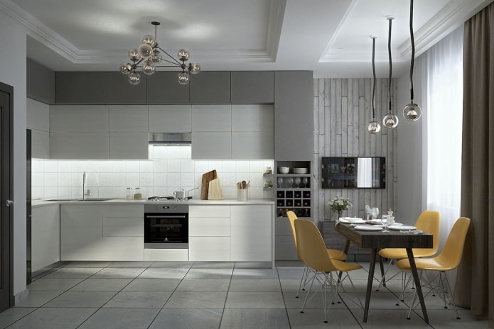 Möbel und Geräte im Kücheninterieur in Grautönen