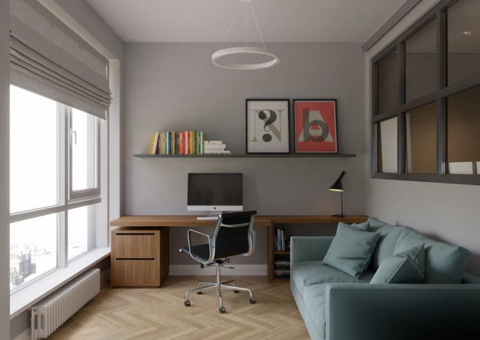 Bürointerieur mit hellem Parkett und grauen Wänden