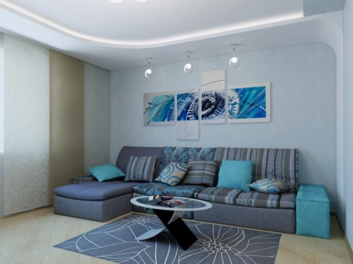 Sofa mit blauem Stoff und Armlehnen