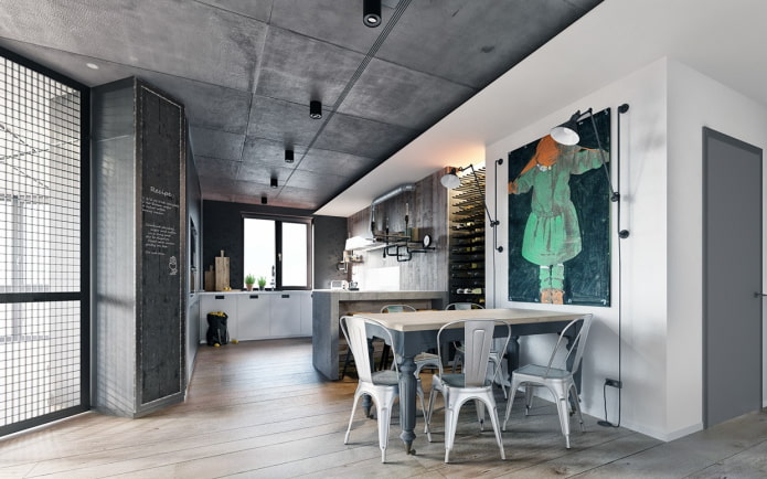 graue Deckenverkleidung im Loft-Stil