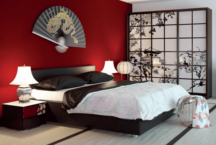 Kleiderschrank im Schlafzimmerinterieur im japanischen Stil