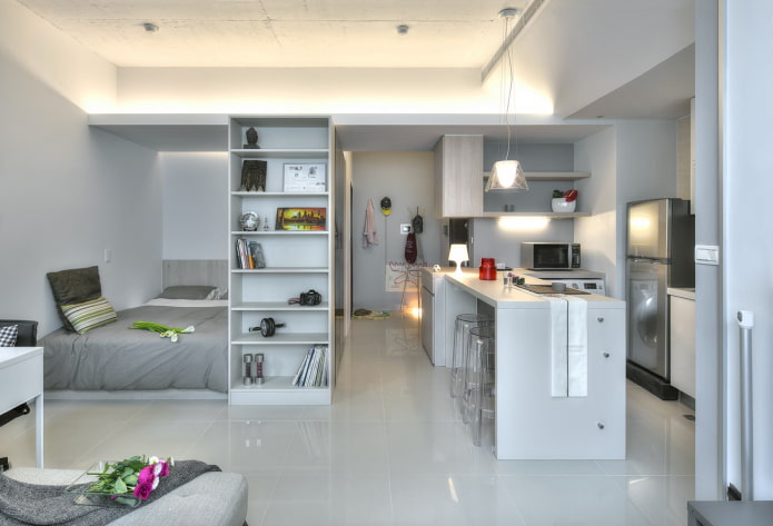 Kleiderschrank als Trennwand im Inneren der Küche-Schlafzimmer