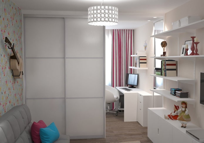 Kleiderschrank in Form einer Trennwand im Inneren eines Kinderzimmers