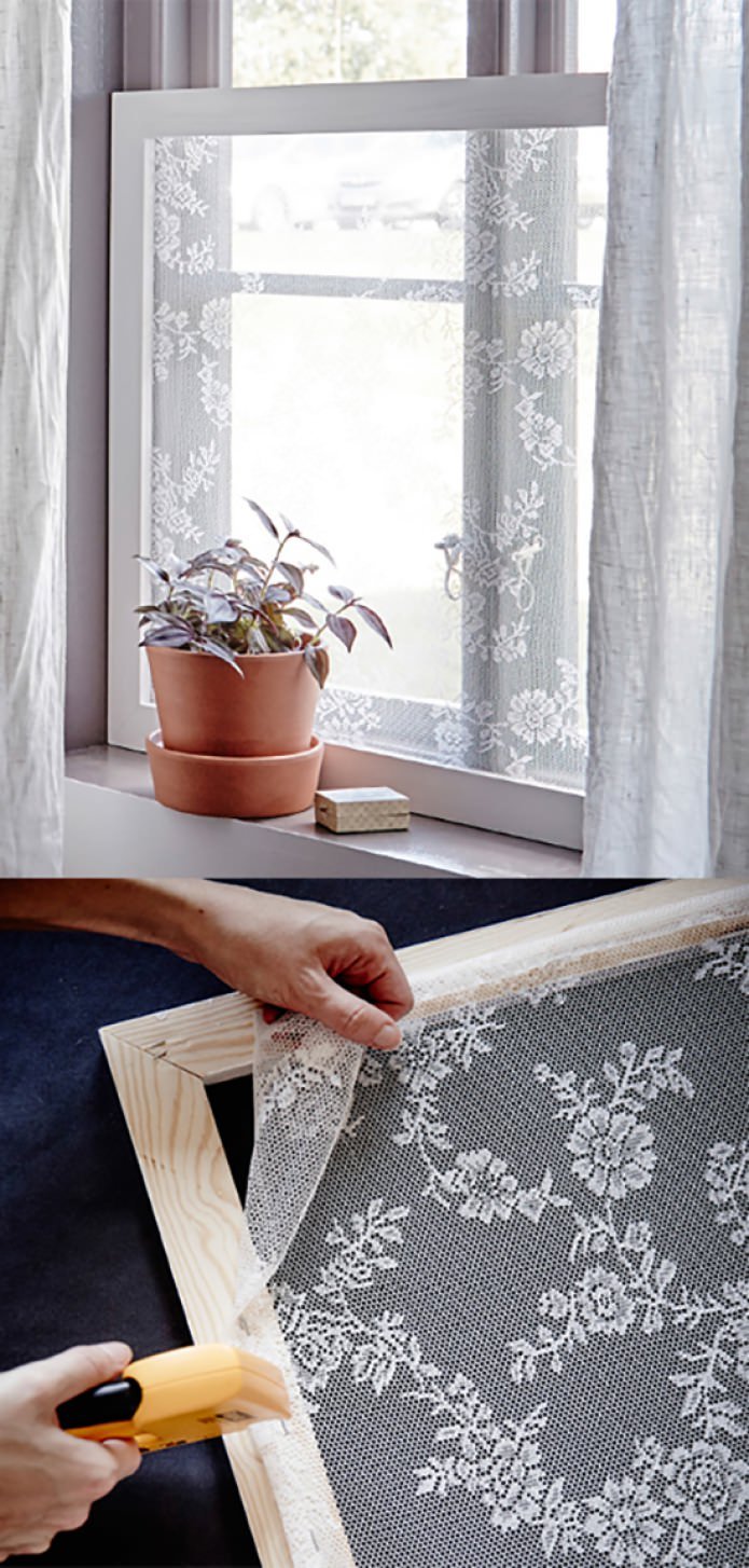 Vorhänge für einen Fensterrahmen in einer Datscha