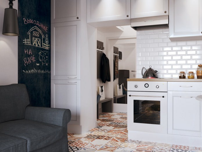 Kücheninterieur in einem 26 m² großen Studio.