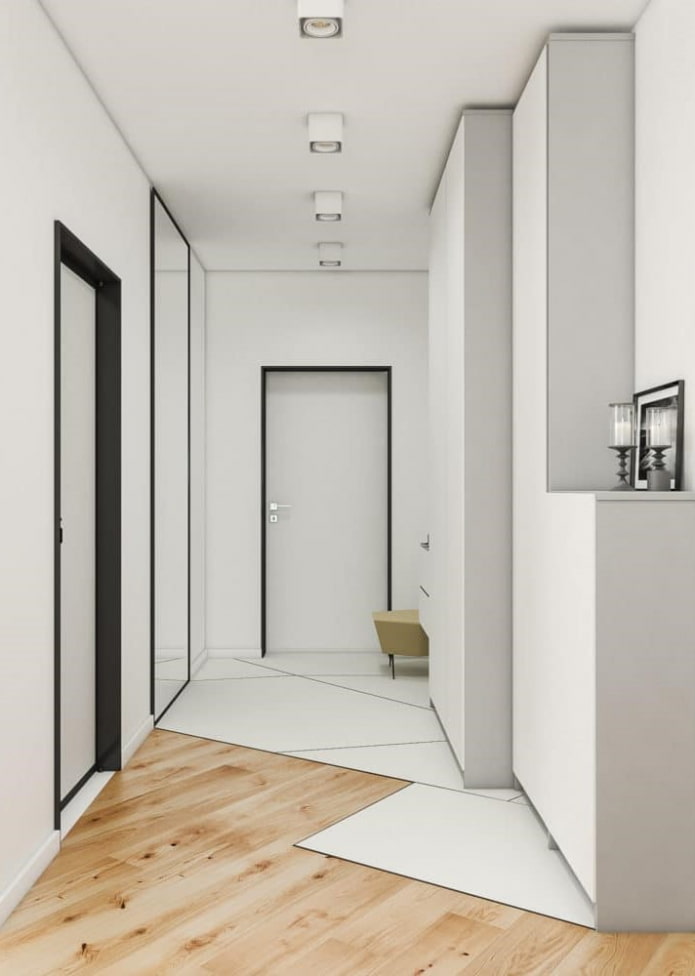 eine Kombination aus Laminat und Fliesen im minimalistischen Stil