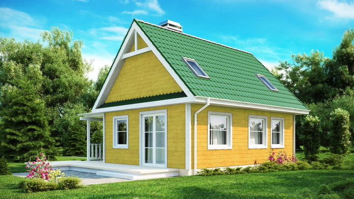 gelbes Landhaus mit einem hellgrünen Dach